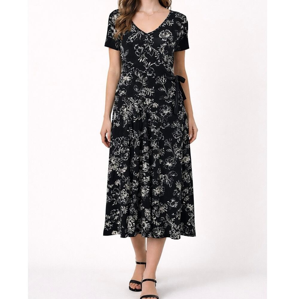 Style & Co Black Floral Midi Dress Stretchy Short Sleeve Boho Cottagecore